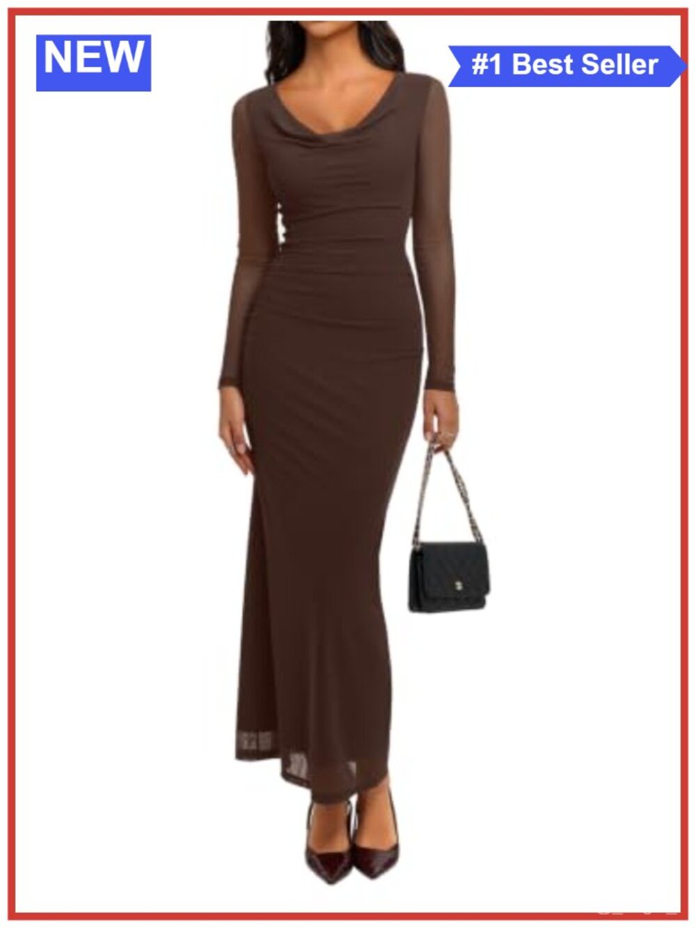 Long Sleeve Mesh Bodycon Maxi Dress Cowl Neck Ruched Formal Wedding Guest